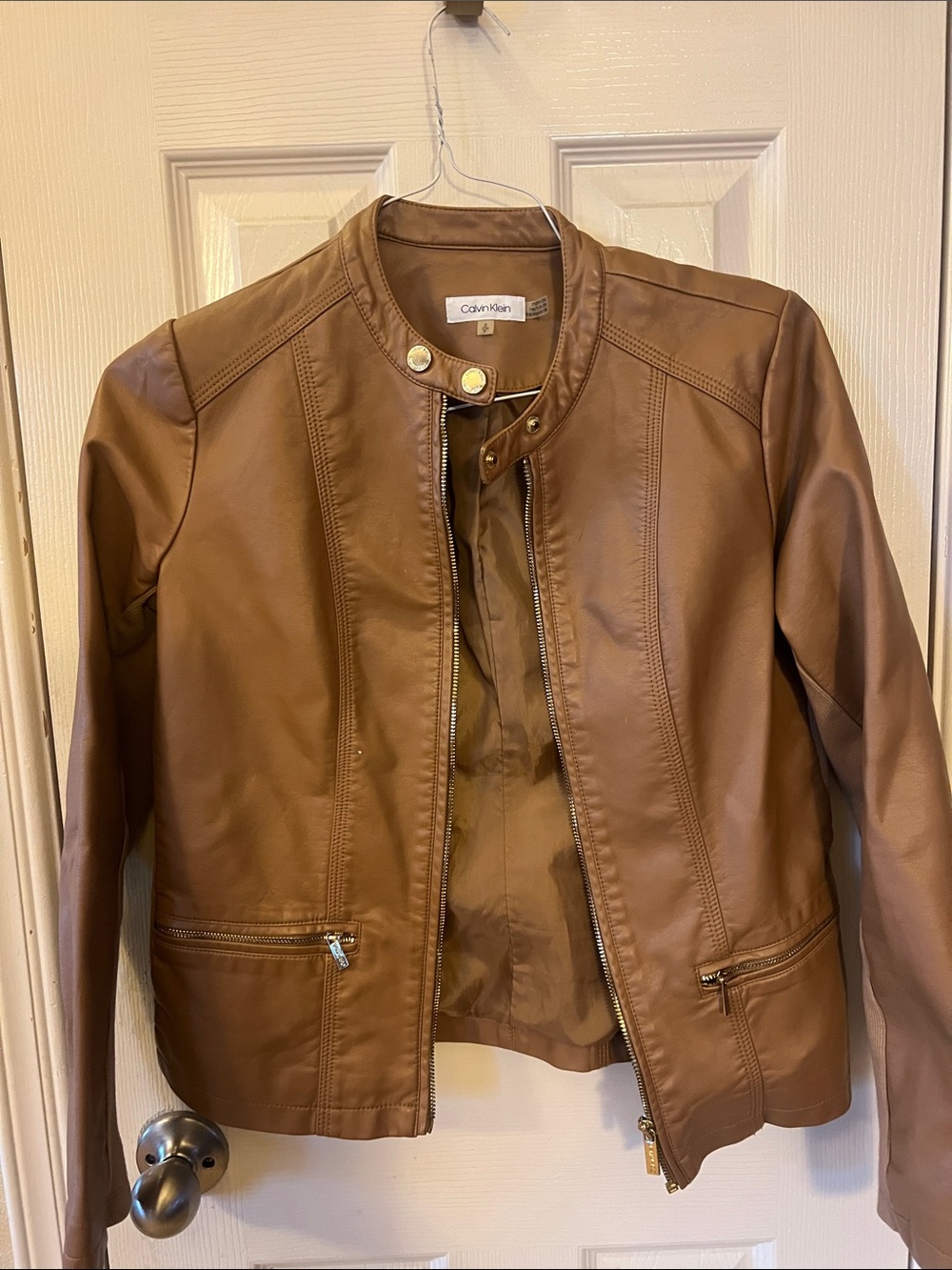 Calvin Klein Women's Cognac Brown Faux Leather Zip Jacket